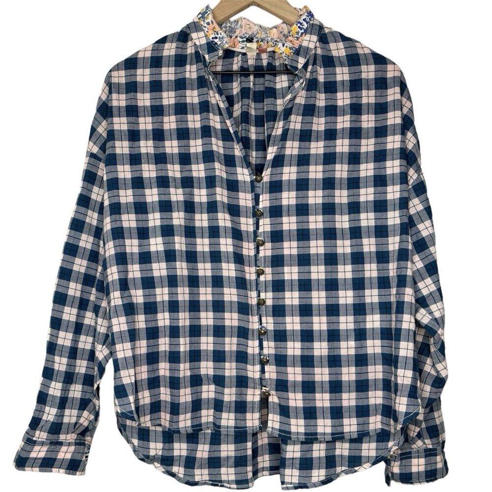 Pilcro Anthropologie Plaid Buttondown Shirt (Size M) Tavi Floral Ruffle Collar - Picture 2 of 13